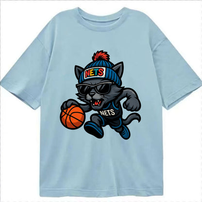 Brooklyn Cat wearing Nets beanie with street art patch and wayfarer sunglasses - Classic T-shirt - Light Blue