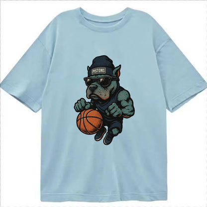 Detroit Pitbull wearing Pistons beanie with chrome patch and wayfarer sunglasses - Classic T-shirt - Light Blue