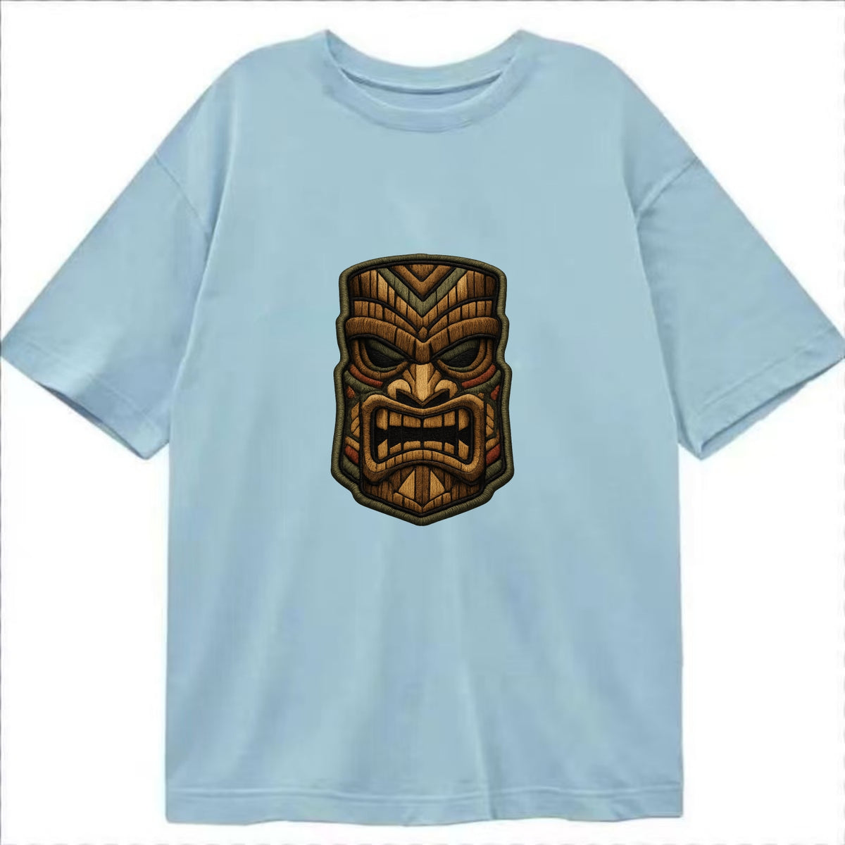 TIKI MASK - carved totem in brown and red , Polynesian - Classic T-shirt - Light Blue