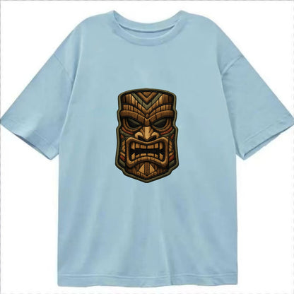 TIKI MASK - carved totem in brown and red , Polynesian - Classic T-shirt - Light Blue