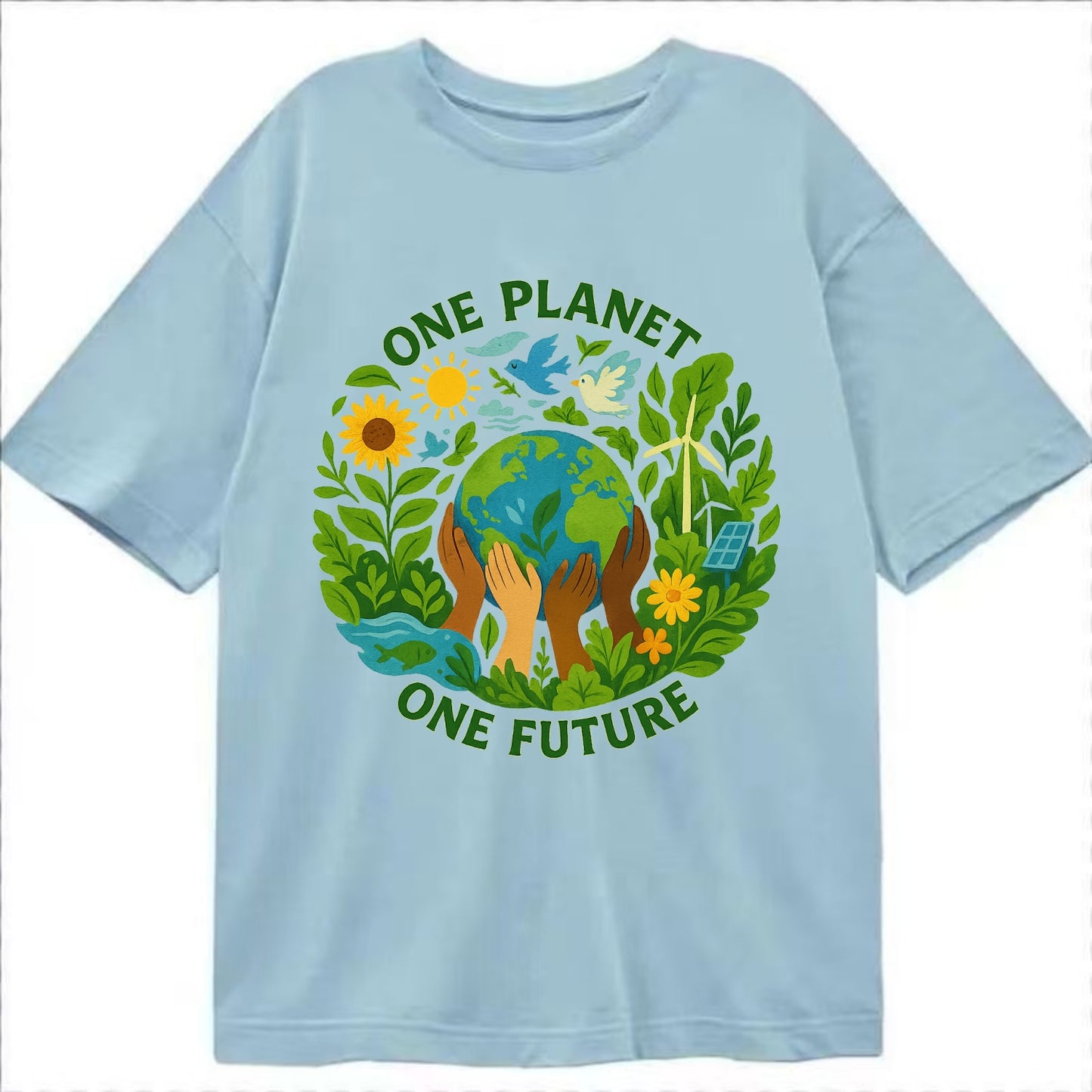 Globe surrounded by hands of all colors working together - "One Planet, One - Classic T-shirt - Light Blue