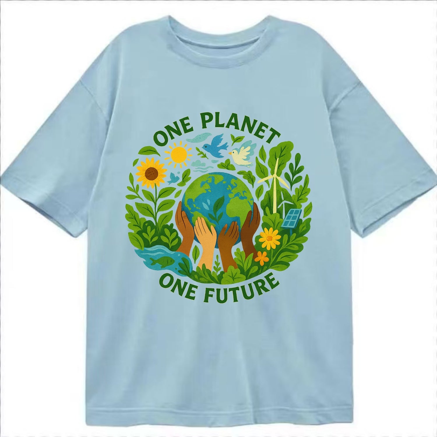 Globe surrounded by hands of all colors working together - "One Planet, One - Classic T-shirt - Light Blue