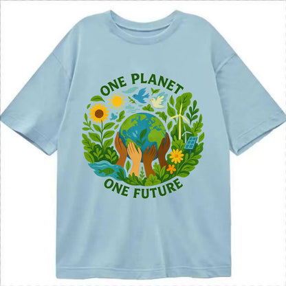 Globe surrounded by hands of all colors working together - "One Planet, One - Classic T-shirt - Light Blue