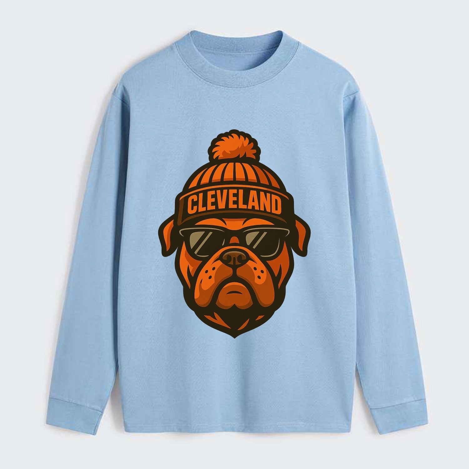 Cleveland Bulldog wearing Browns orange and brown beanie with pom pom - Classic Long Sleeve Shirt - Light Blue