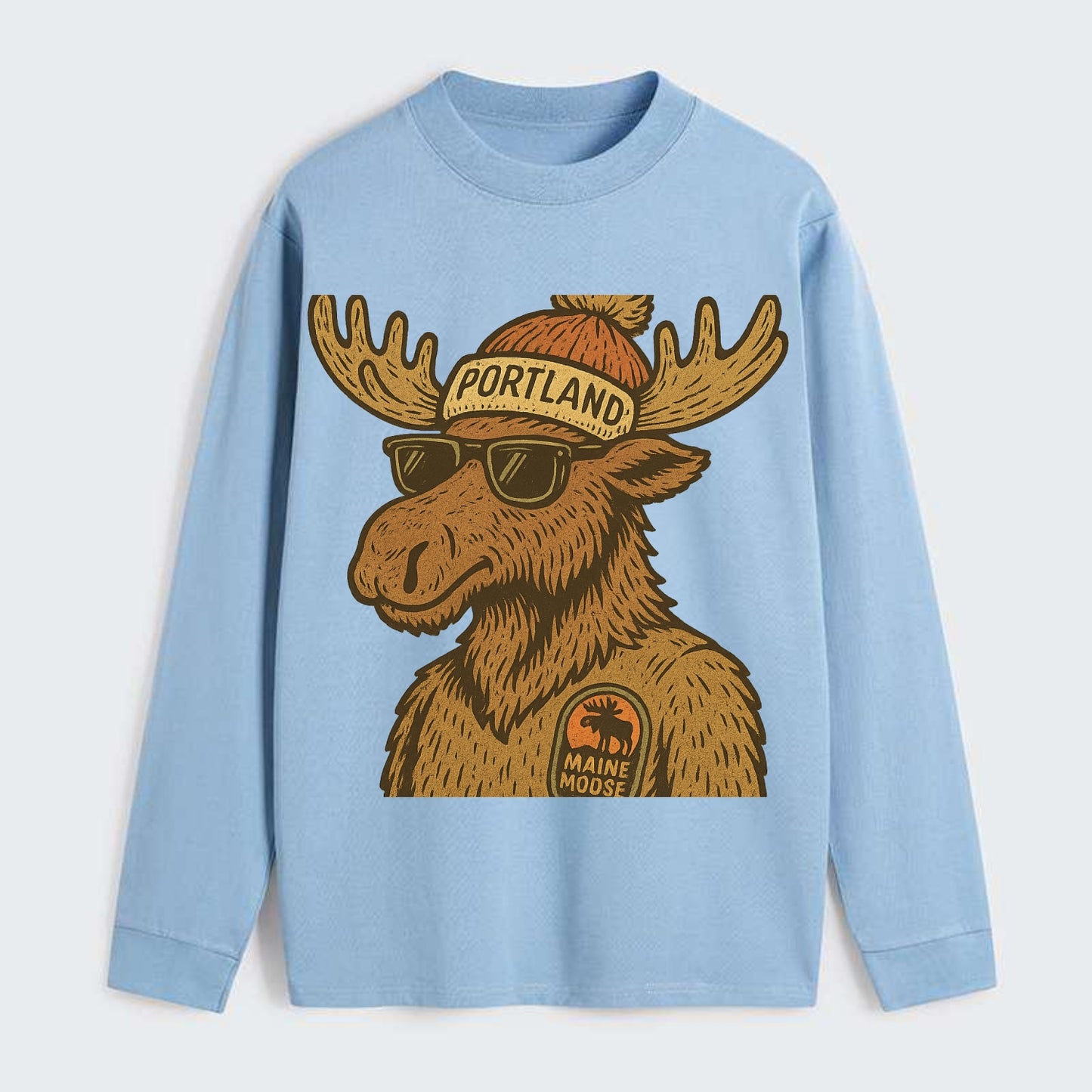 Maine Moose wearing Portland beanie with pom pom and wayfarer sunglasses - Classic Long Sleeve Shirt - Light Blue