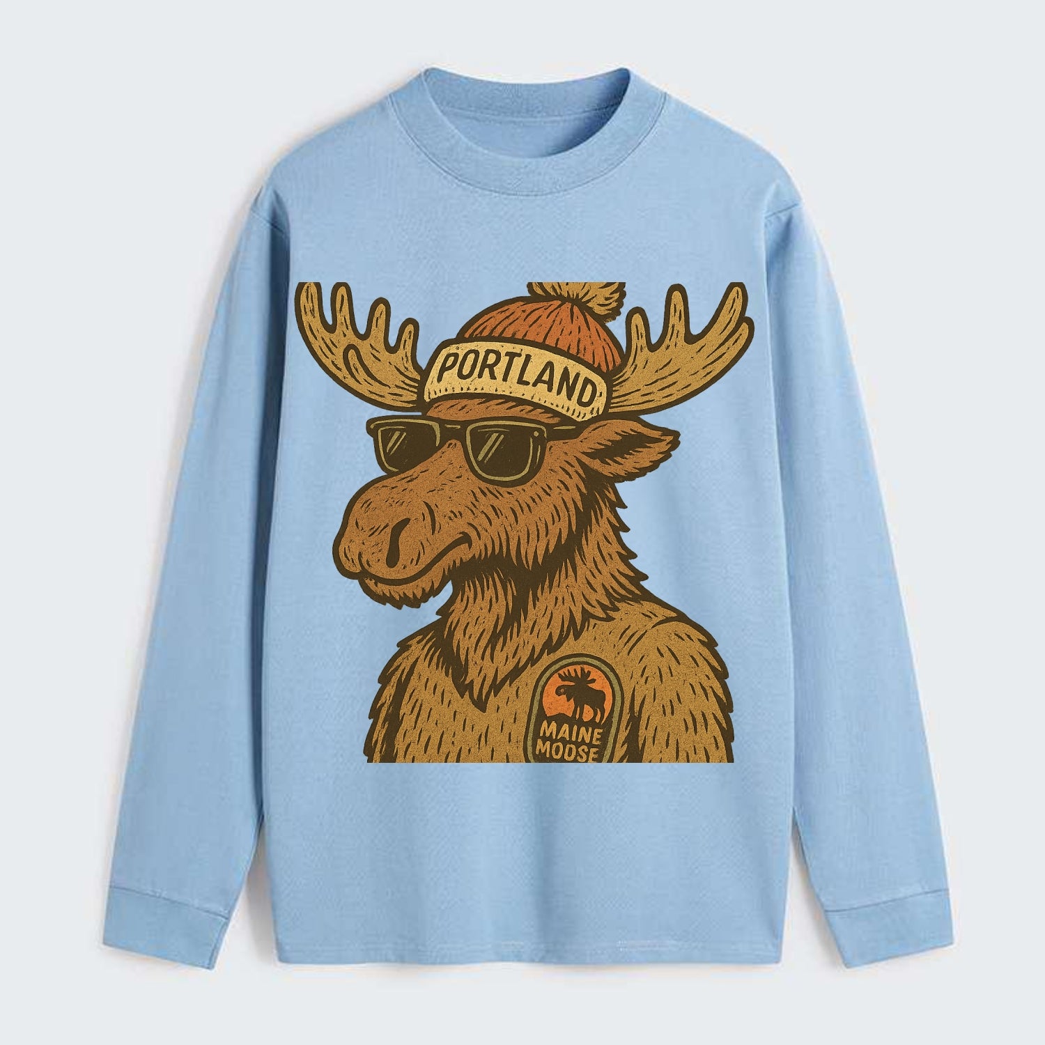Maine Moose wearing Portland beanie with pom pom and wayfarer sunglasses - Classic Long Sleeve Shirt - Light Blue