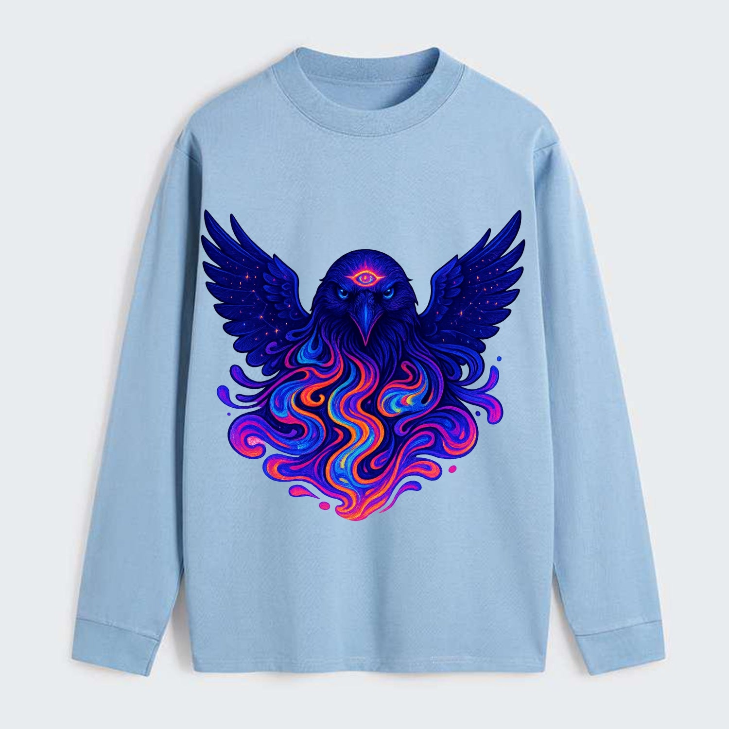 Mysterious raven with feathers showing future visions in neon colors, - Classic Long Sleeve Shirt - Light Blue