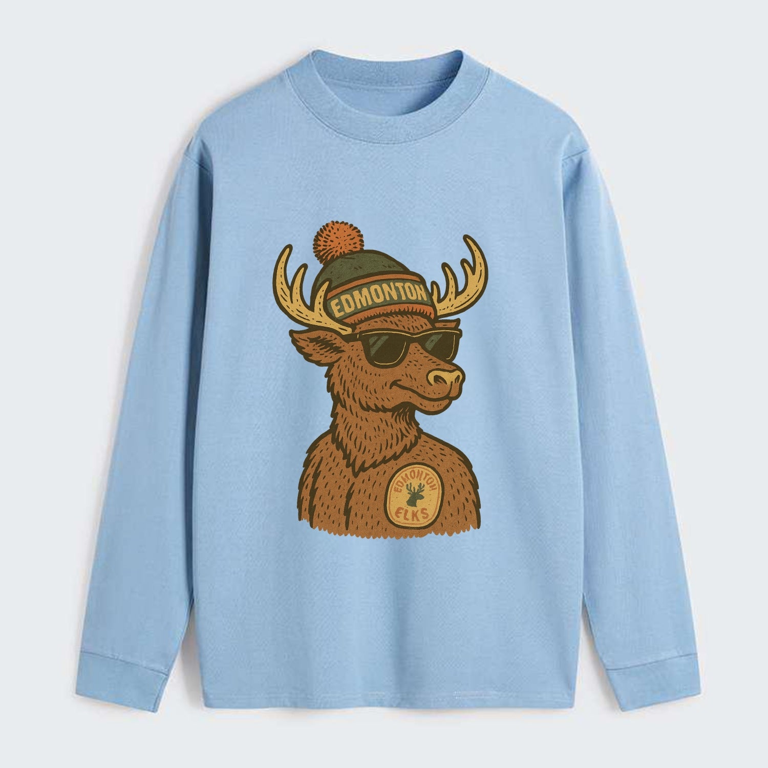 Edmonton Elk wearing Edmonton beanie with pom pom and wayfarer - Classic Long Sleeve Shirt - Light Blue