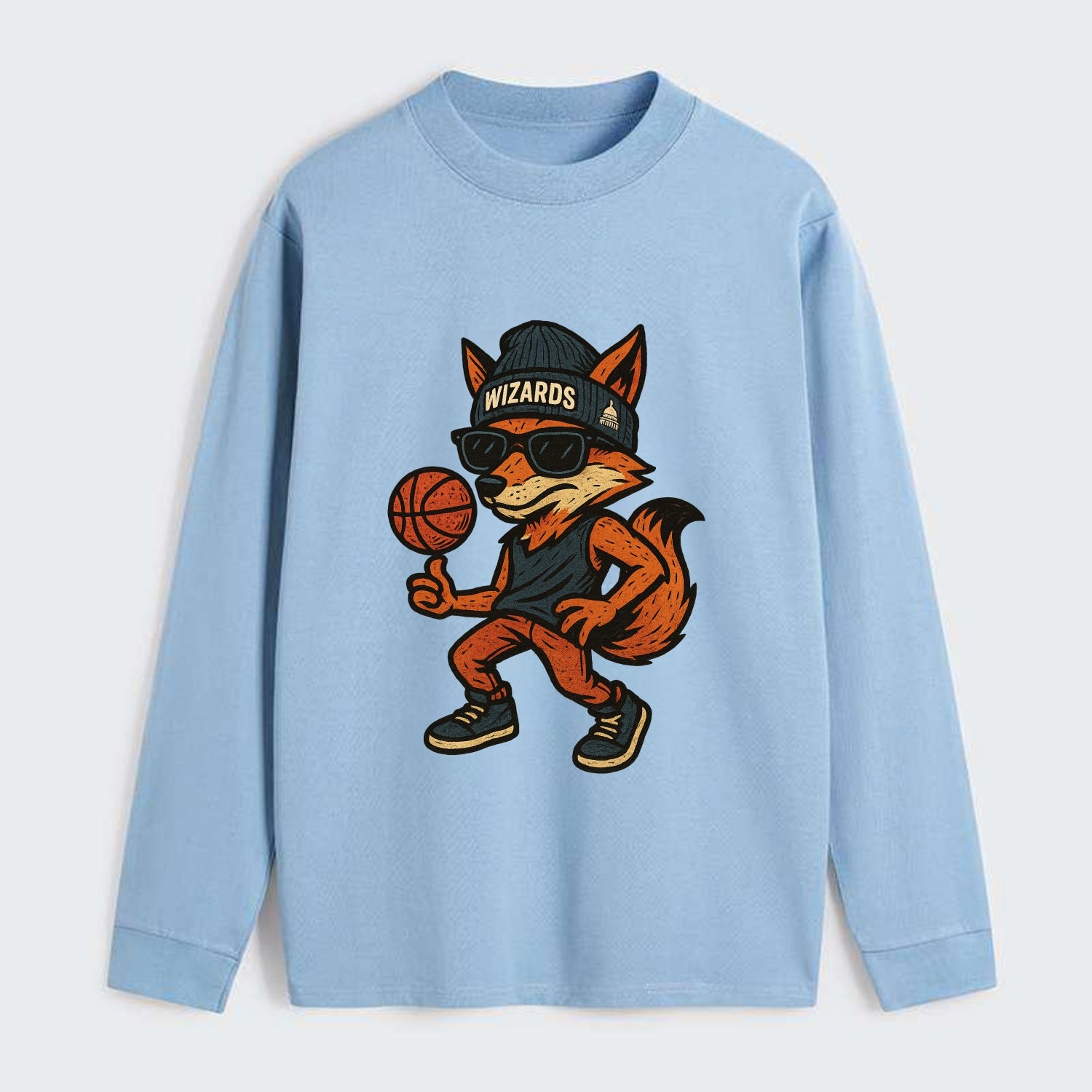 Washington Fox wearing Wizards beanie with capitol patch and wayfarer - Classic Long Sleeve Shirt - Light Blue