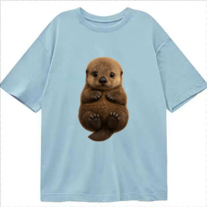 Baby Sea Otter - brown fluffy, floating on back, tiny paws, bright eyes, - Classic T-shirt - Light Blue
