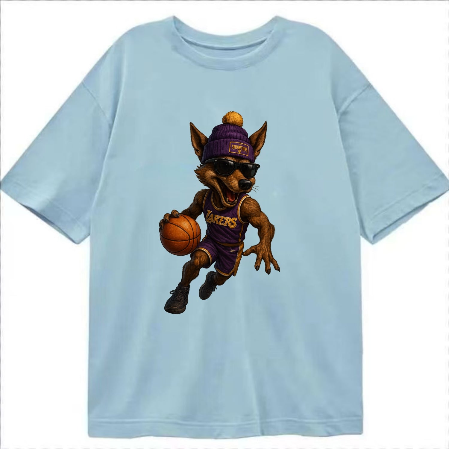 Hollywood Coyote wearing Lakers beanie with Showtime patch and wayfarer sunglasses - Classic T-shirt - Light Blue
