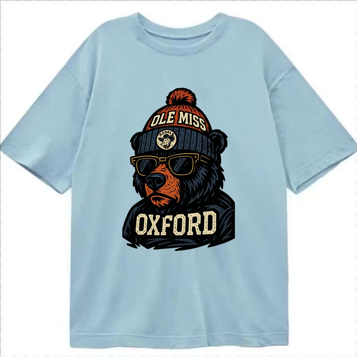 Oxford Black Bear wearing Ole Miss beanie with rebel patch - Classic T-shirt - Light Blue