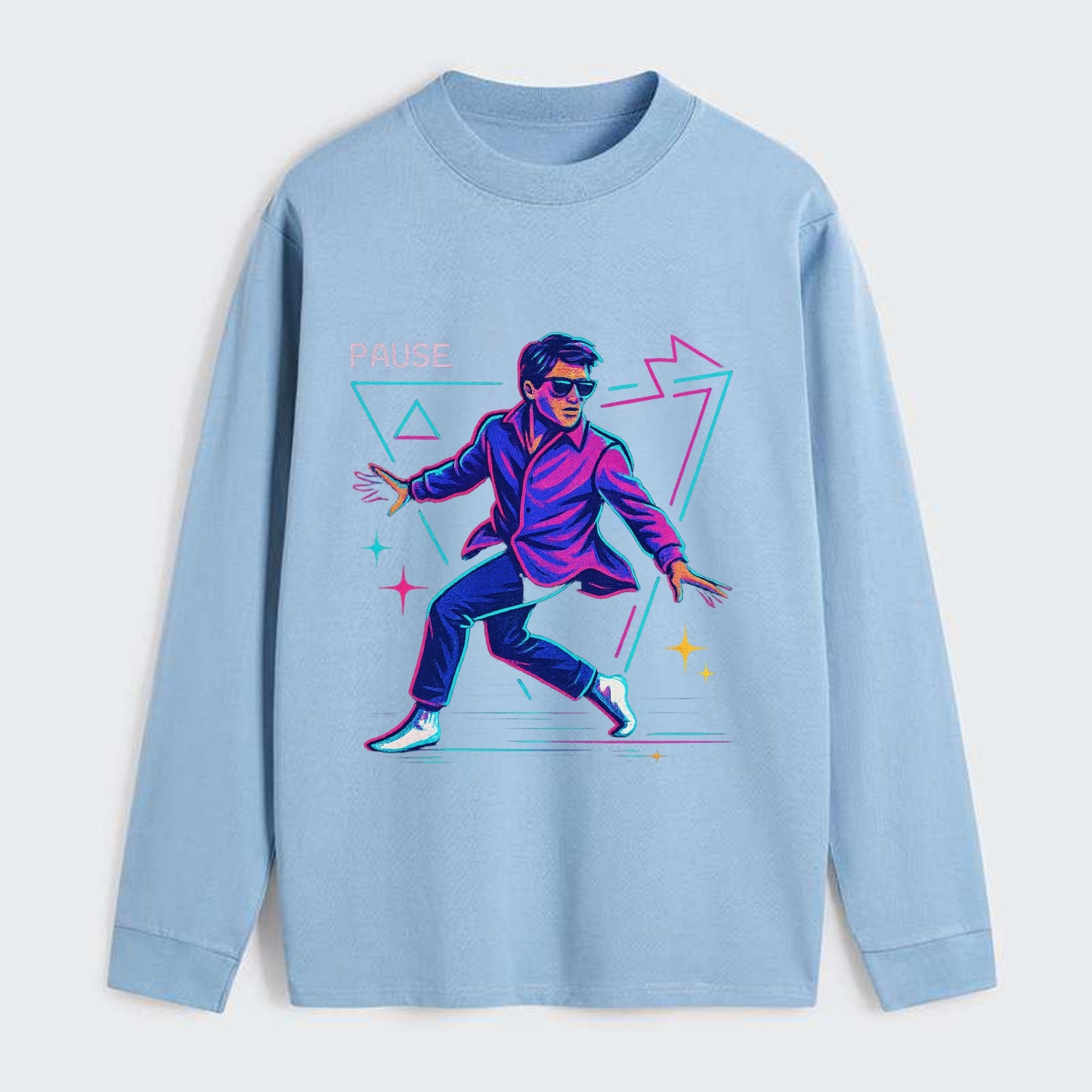 confident figure sliding across polished wooden floor in socks and - Classic Long Sleeve Shirt - Light Blue