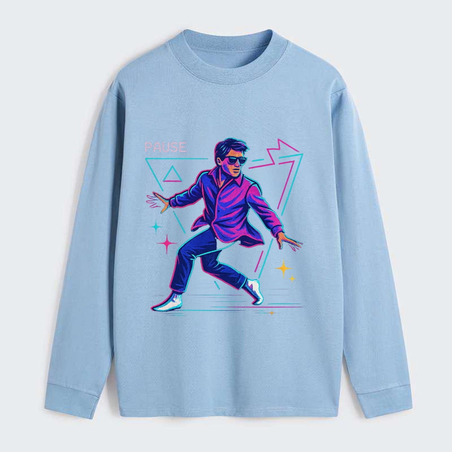 confident figure sliding across polished wooden floor in socks and - Classic Long Sleeve Shirt - Light Blue