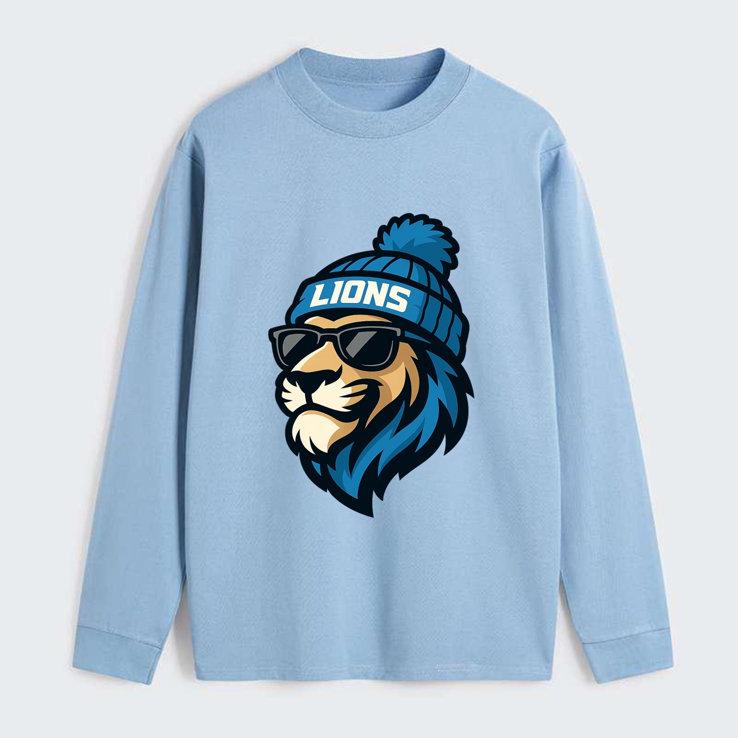 Detroit Lion wearing Lions Honolulu blue and silver beanie with pom pom - Classic Long Sleeve Shirt - Light Blue