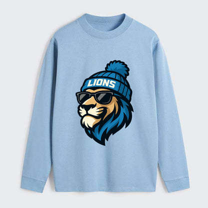 Detroit Lion wearing Lions Honolulu blue and silver beanie with pom pom - Classic Long Sleeve Shirt - Light Blue