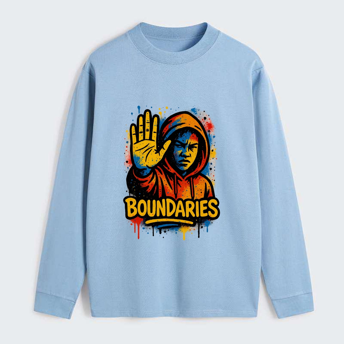 Person holding up hand in "stop" gesture - setting boundaries concept, - Classic Long Sleeve Shirt - Light Blue