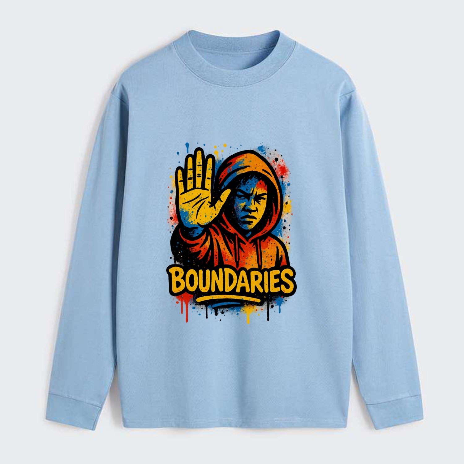 Person holding up hand in "stop" gesture - setting boundaries concept, - Classic Long Sleeve Shirt - Light Blue
