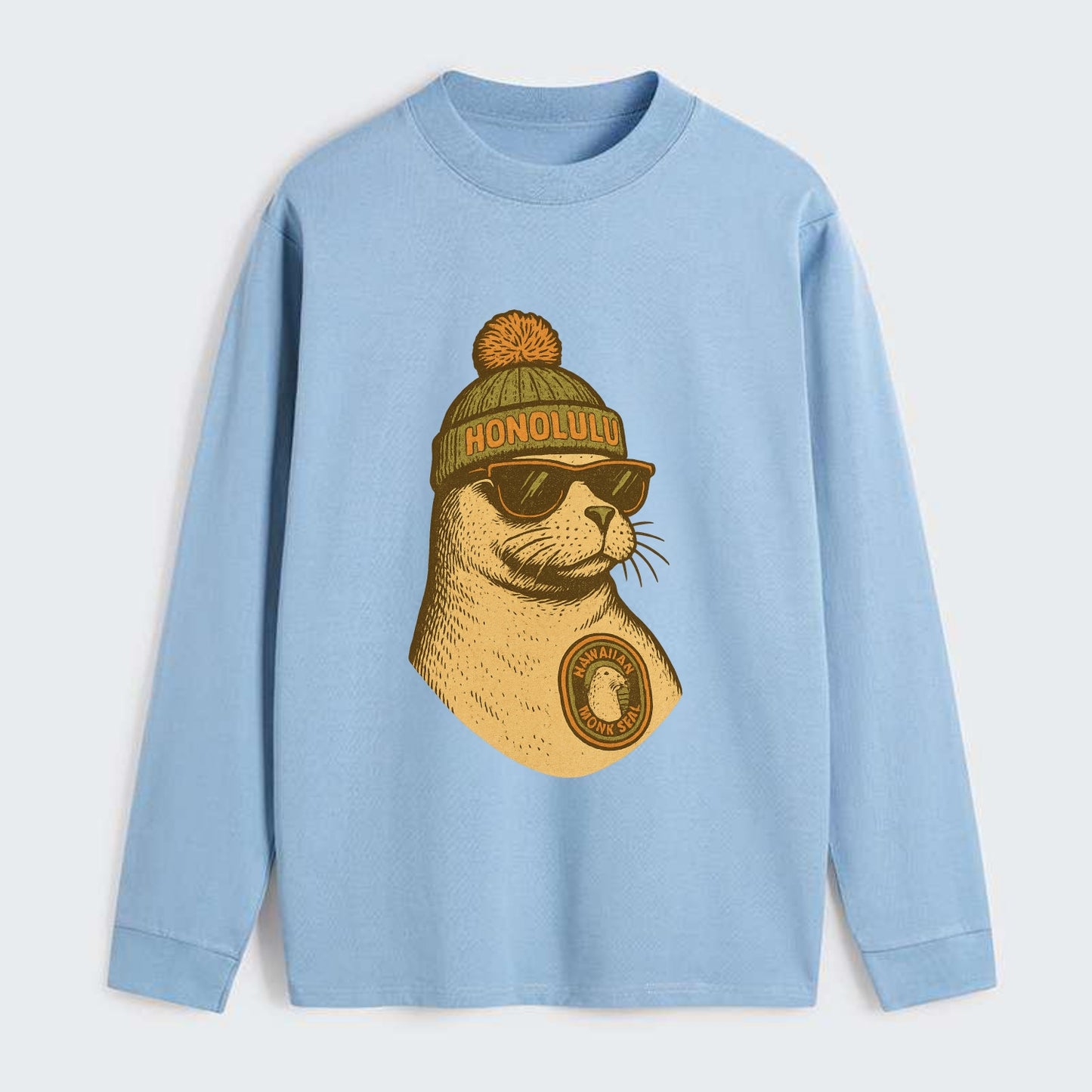 Hawaii Monk Seal wearing Honolulu beanie with pom pom and wayfarer - Classic Long Sleeve Shirt - Light Blue