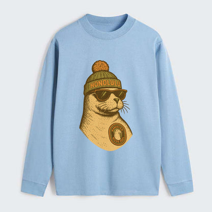 Hawaii Monk Seal wearing Honolulu beanie with pom pom and wayfarer - Classic Long Sleeve Shirt - Light Blue
