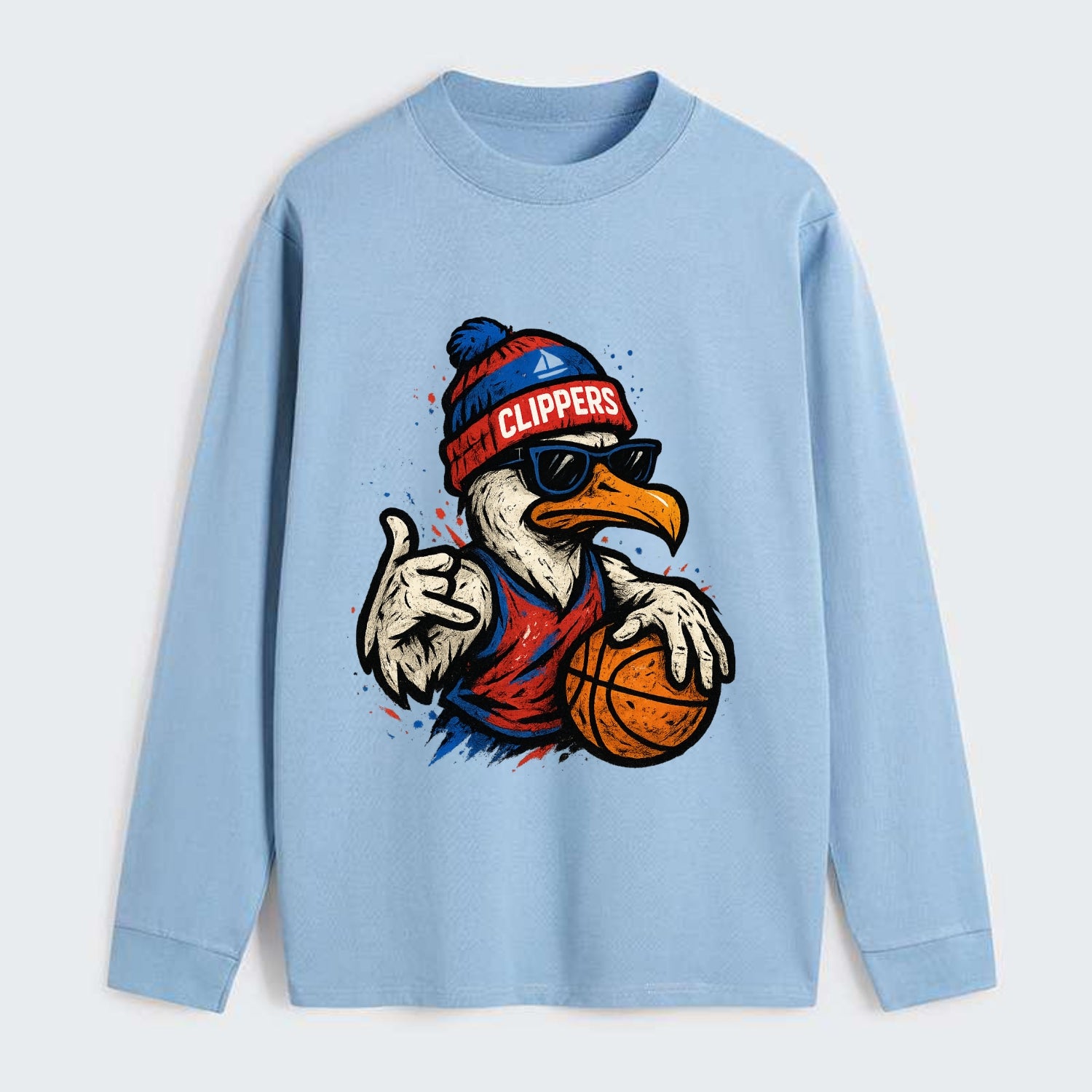LA Seagull wearing Clippers red white and blue beanie with ship patch - Classic Long Sleeve Shirt - Light Blue