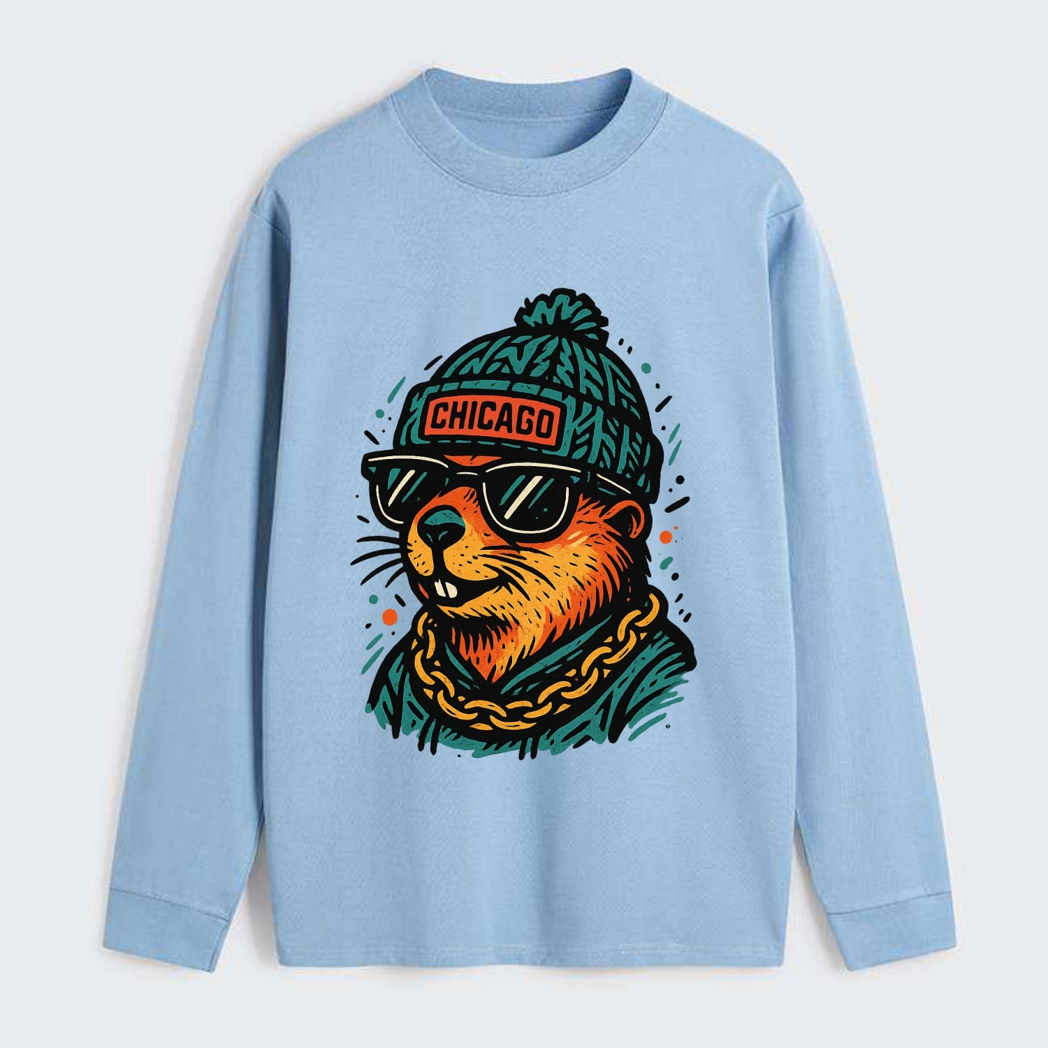 Illinois Prairie Dog wearing Chicago beanie with pom pom and wayfarer - Classic Long Sleeve Shirt - Light Blue