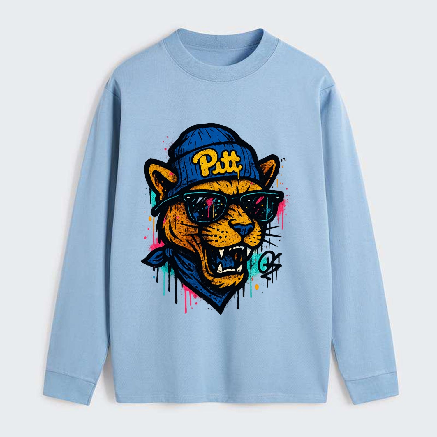 Pittsburgh Panther wearing Pitt beanie with script patch - Classic Long Sleeve Shirt - Light Blue
