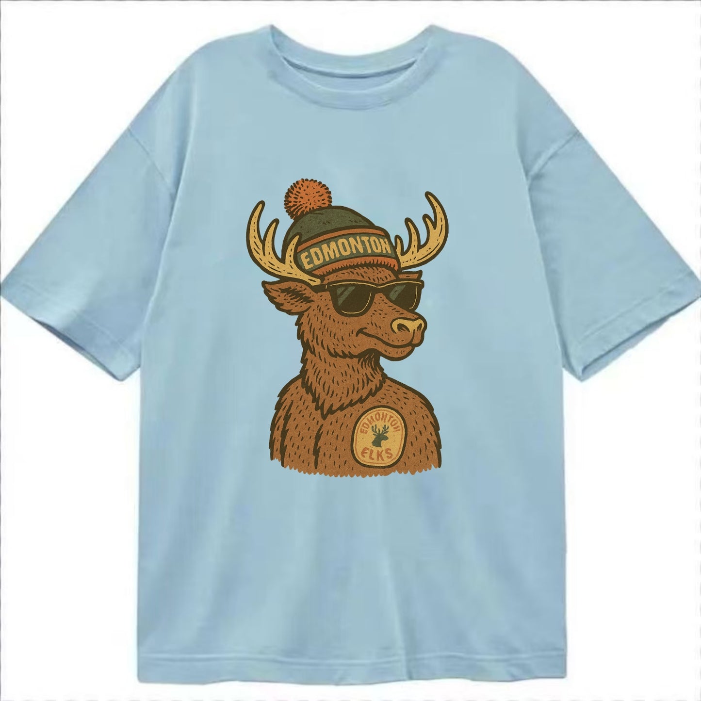 Edmonton Elk wearing Edmonton beanie with pom pom and wayfarer sunglasses - Classic T-shirt - Light Blue