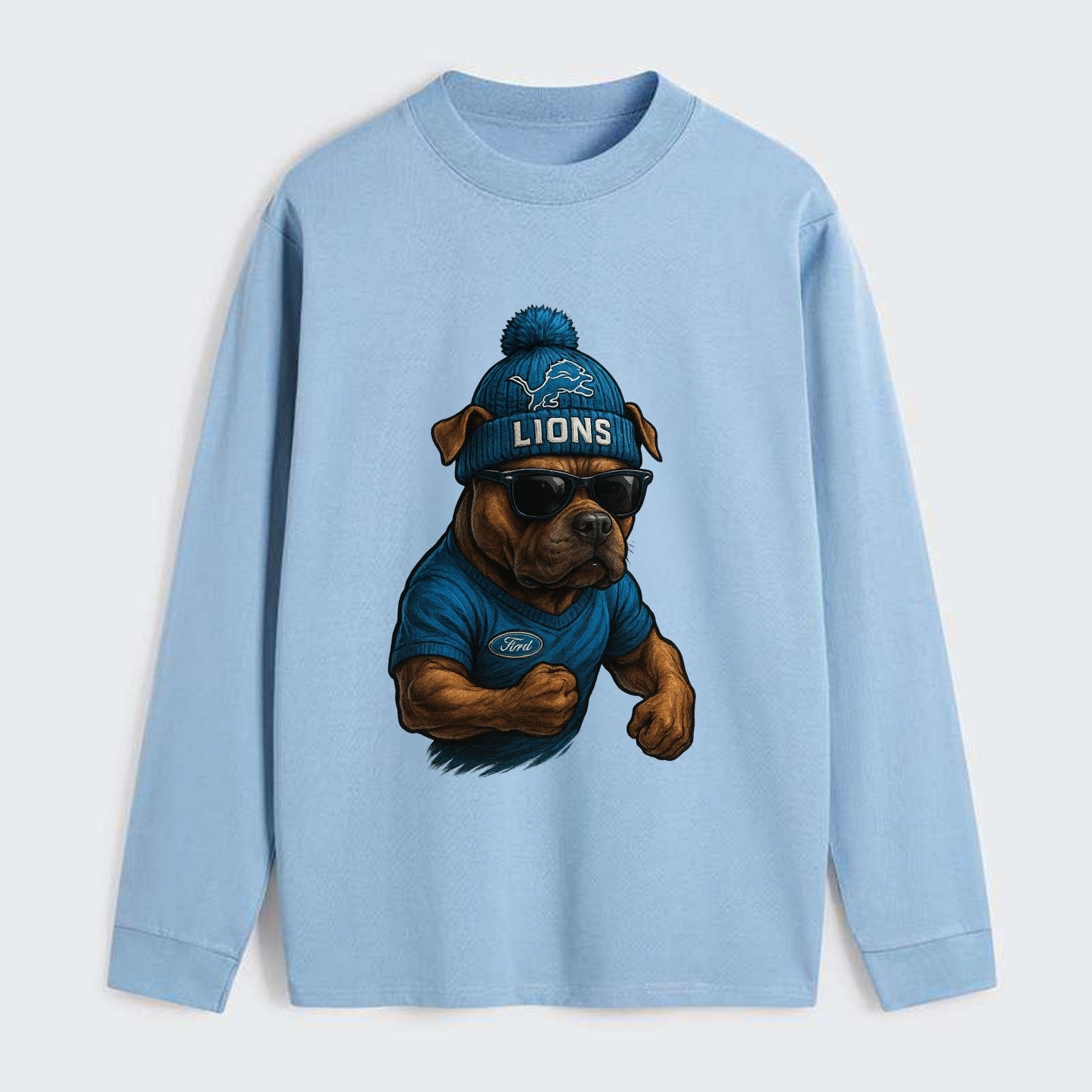Detroit Pitbull wearing Lions beanie with auto patch and wayfarer - Classic Long Sleeve Shirt - Light Blue
