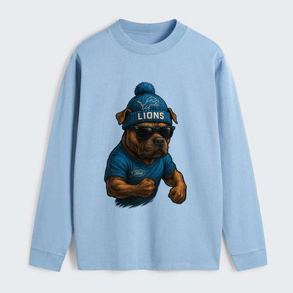 Detroit Pitbull wearing Lions beanie with auto patch and wayfarer - Classic Long Sleeve Shirt - Light Blue