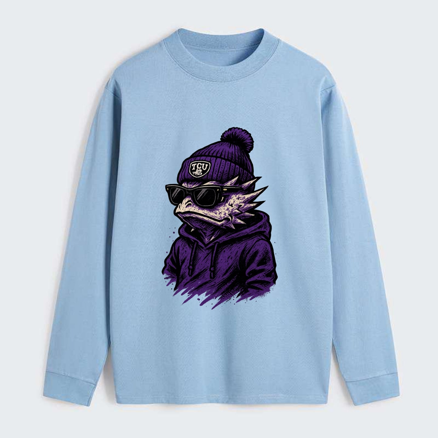 Fort Worth Horned Frog wearing TCU beanie with frog patch - Classic Long Sleeve Shirt - Light Blue