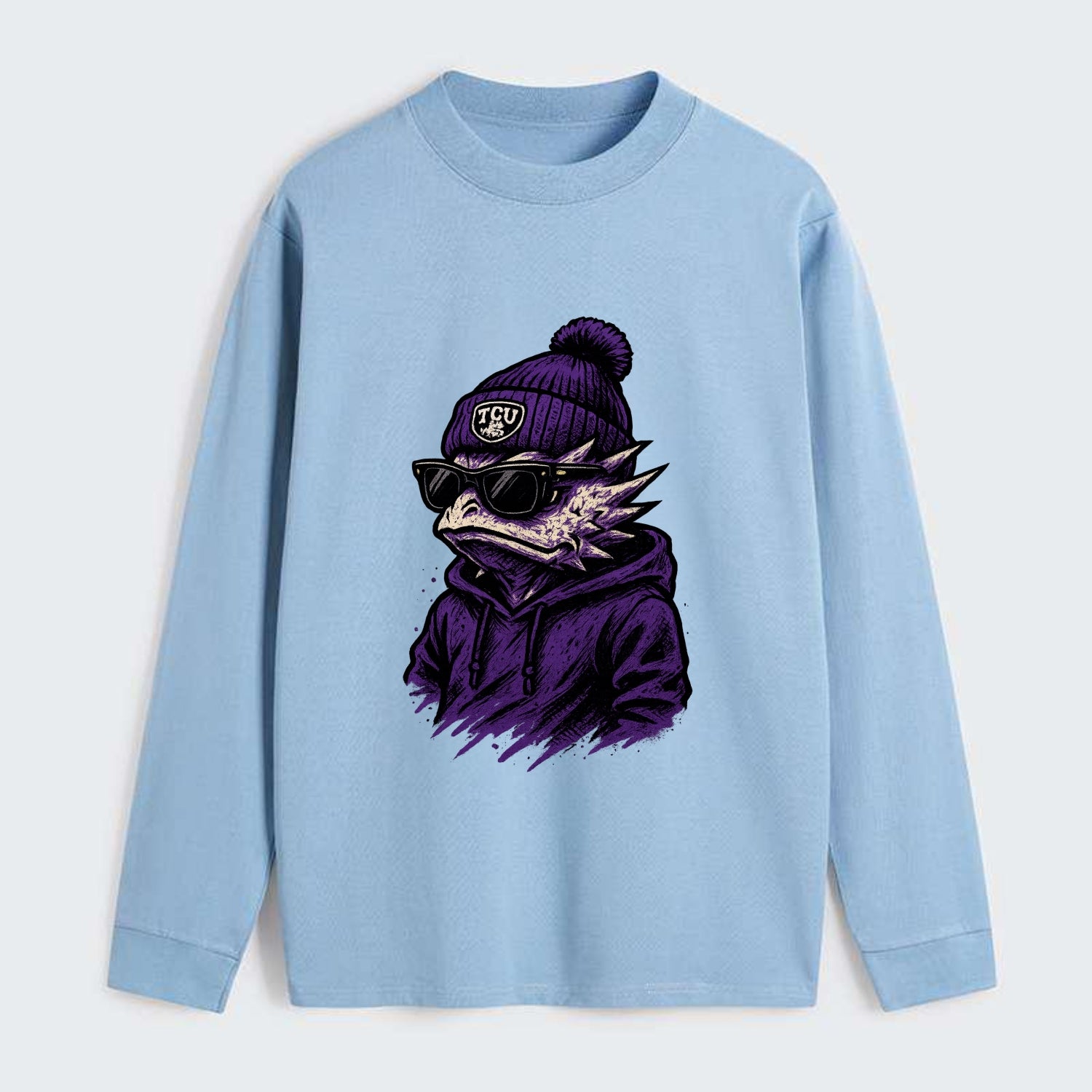 Fort Worth Horned Frog wearing TCU beanie with frog patch - Classic Long Sleeve Shirt - Light Blue
