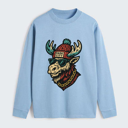 Park City Moose wearing Park City beanie with pom pom and wayfarer - Classic Long Sleeve Shirt - Light Blue