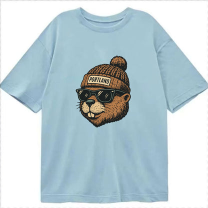 Portland Beaver wearing Portland beanie with pom pom and wayfarer sunglasses - Classic T-shirt - Light Blue