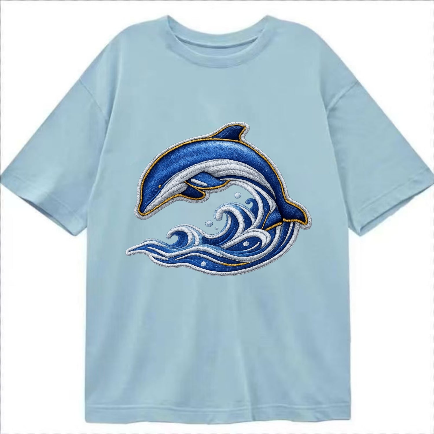 Embroidered patch design - SWIMMING DOLPHIN - diving dolphin with waves in blue - Classic T-shirt - Light Blue