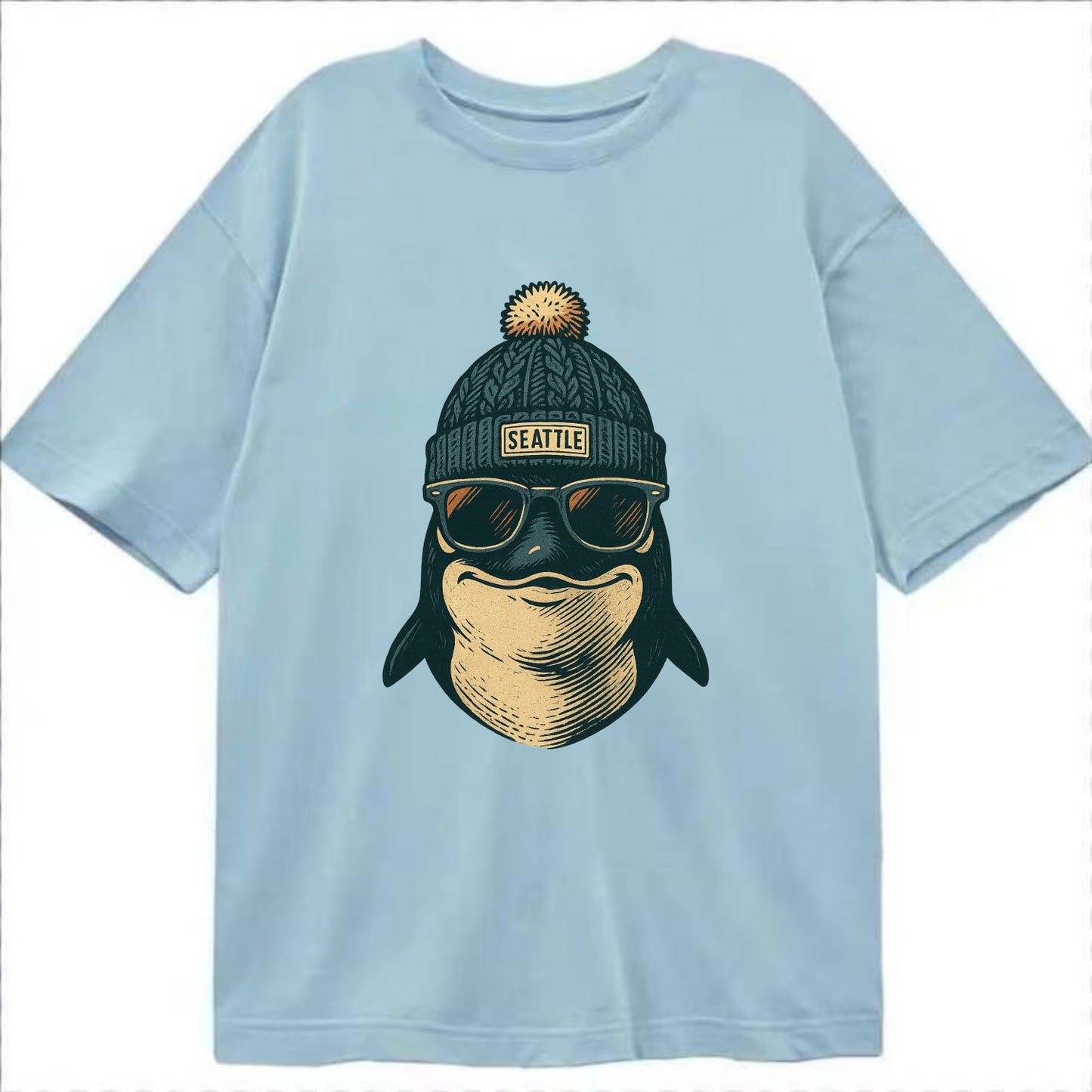 Washington Orca wearing Seattle beanie with pom pom and wayfarer sunglasses - Classic T-shirt - Light Blue