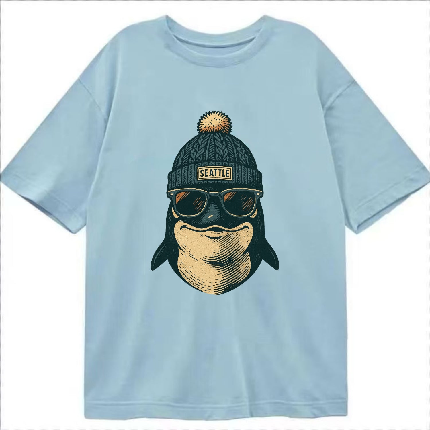 Washington Orca wearing Seattle beanie with pom pom and wayfarer sunglasses - Classic T-shirt - Light Blue