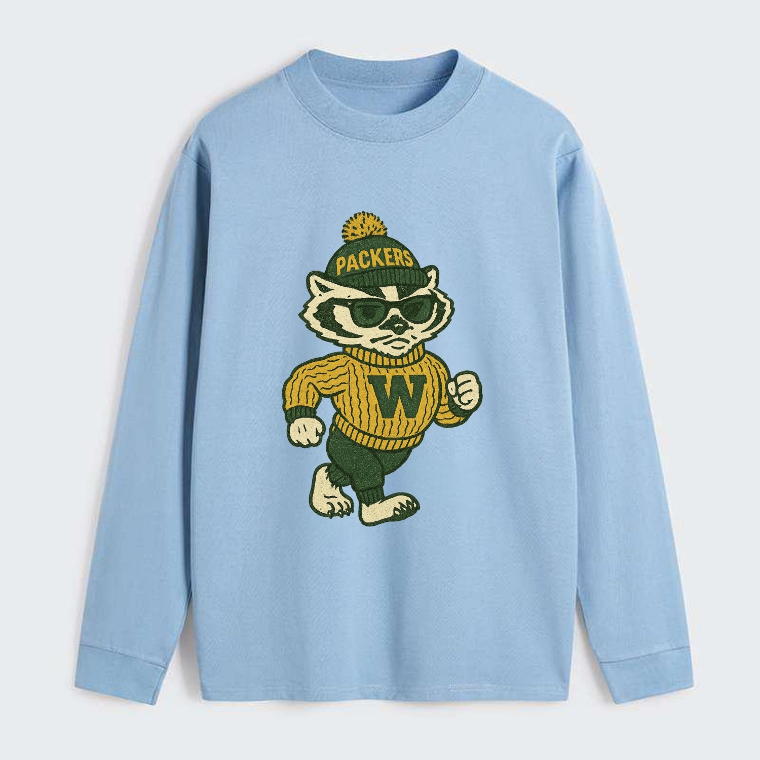 Wisconsin Badger wearing Packers green and gold beanie with pom pom and - Classic Long Sleeve Shirt - Light Blue
