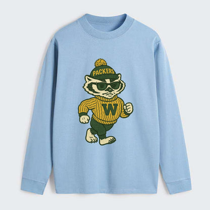 Wisconsin Badger wearing Packers green and gold beanie with pom pom and - Classic Long Sleeve Shirt - Light Blue