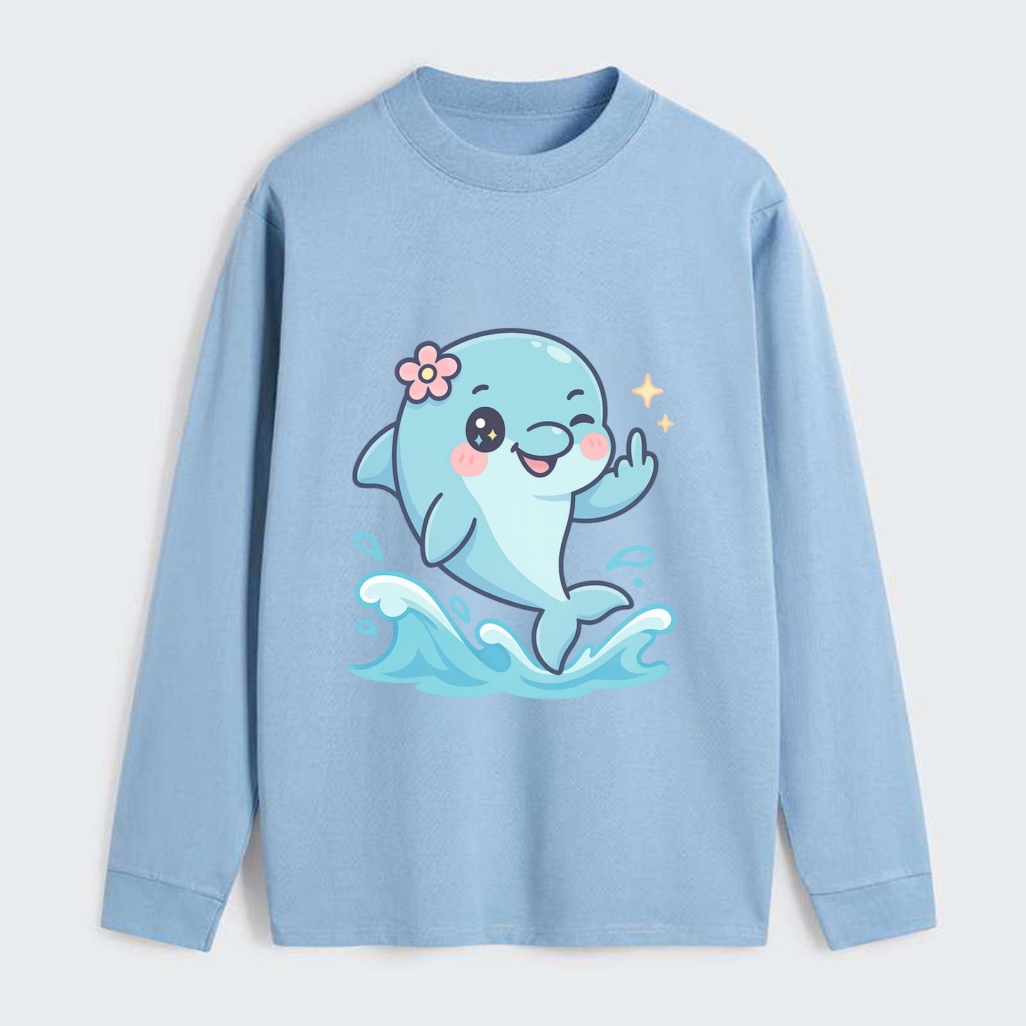 smiling dolphin jumping through ocean waves, one fin up with attitude - Classic Long Sleeve Shirt - Light Blue