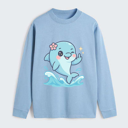 smiling dolphin jumping through ocean waves, one fin up with attitude - Classic Long Sleeve Shirt - Light Blue
