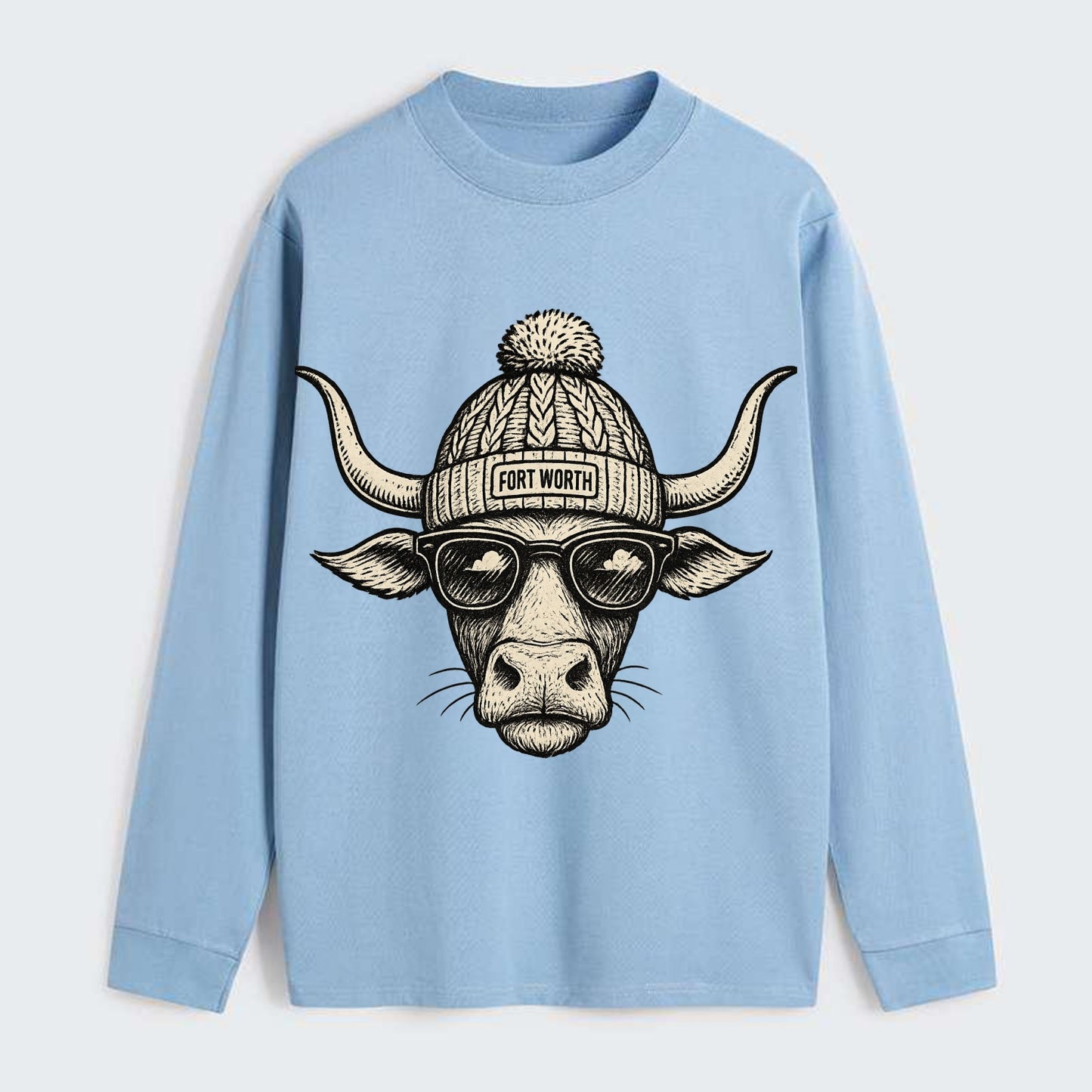 Fort Worth Longhorn wearing Fort Worth beanie with pom pom and wayfarer - Classic Long Sleeve Shirt - Light Blue