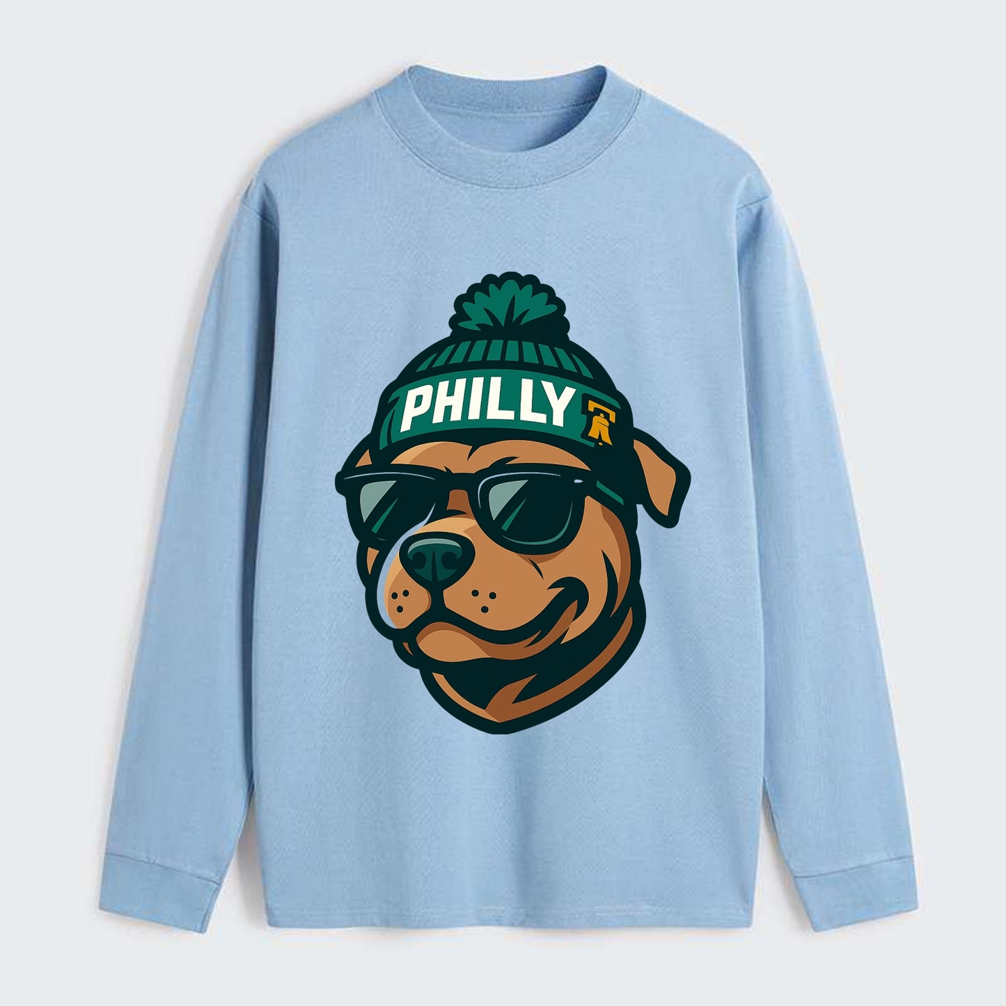 Philly Pitbull wearing Eagles beanie with Liberty Bell patch and - Classic Long Sleeve Shirt - Light Blue