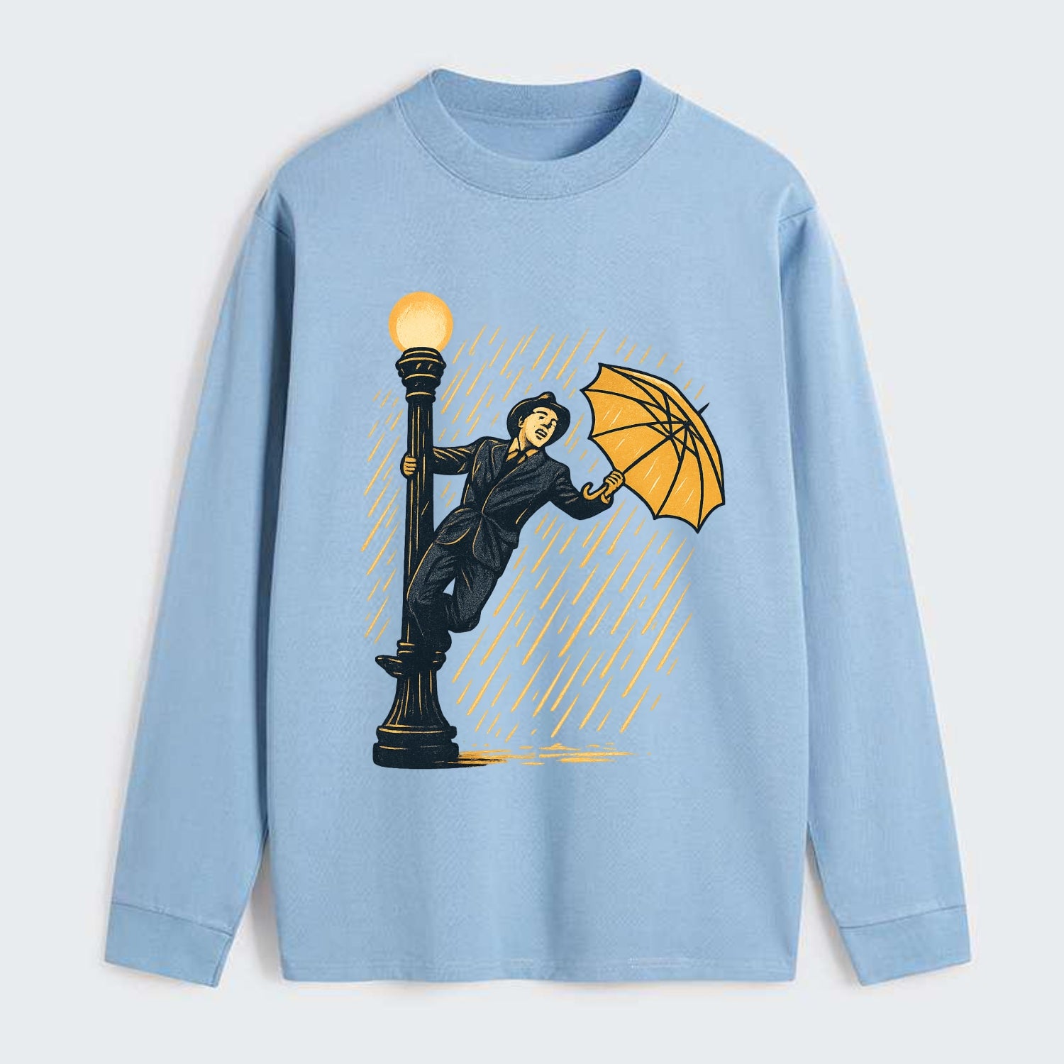 joyful dancing on lamppost in heavy rain with big smile - Classic Long Sleeve Shirt - Light Blue