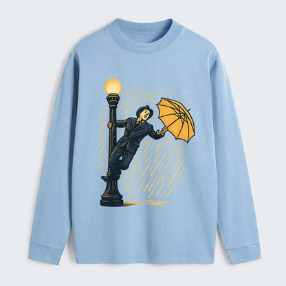 joyful dancing on lamppost in heavy rain with big smile - Classic Long Sleeve Shirt - Light Blue