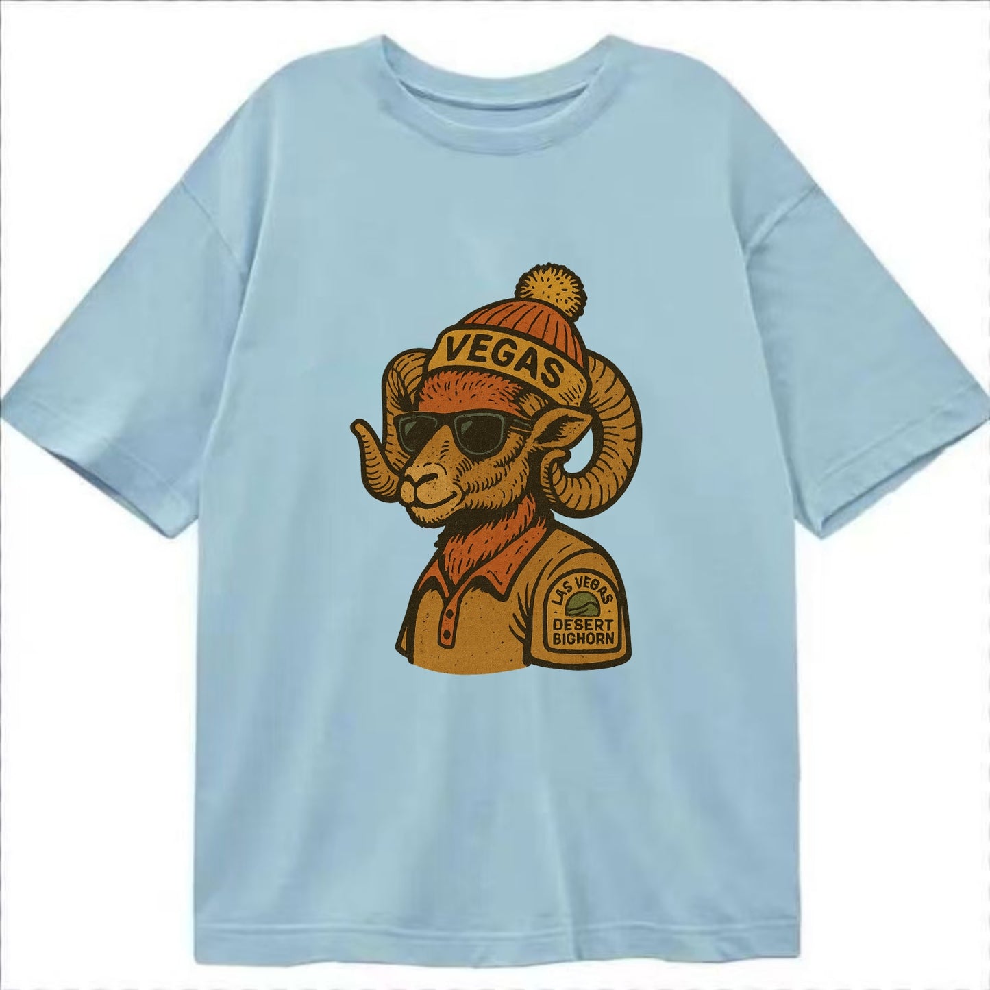 Las Vegas Desert Bighorn wearing Vegas beanie with pom pom and wayfarer sunglasses - Classic T-shirt - Light Blue