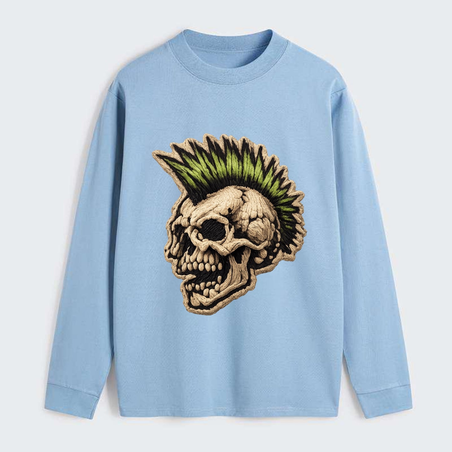 MOHAWK SKULL - punk skull with mohawk in neon green and black , punk - Classic Long Sleeve Shirt - Light Blue