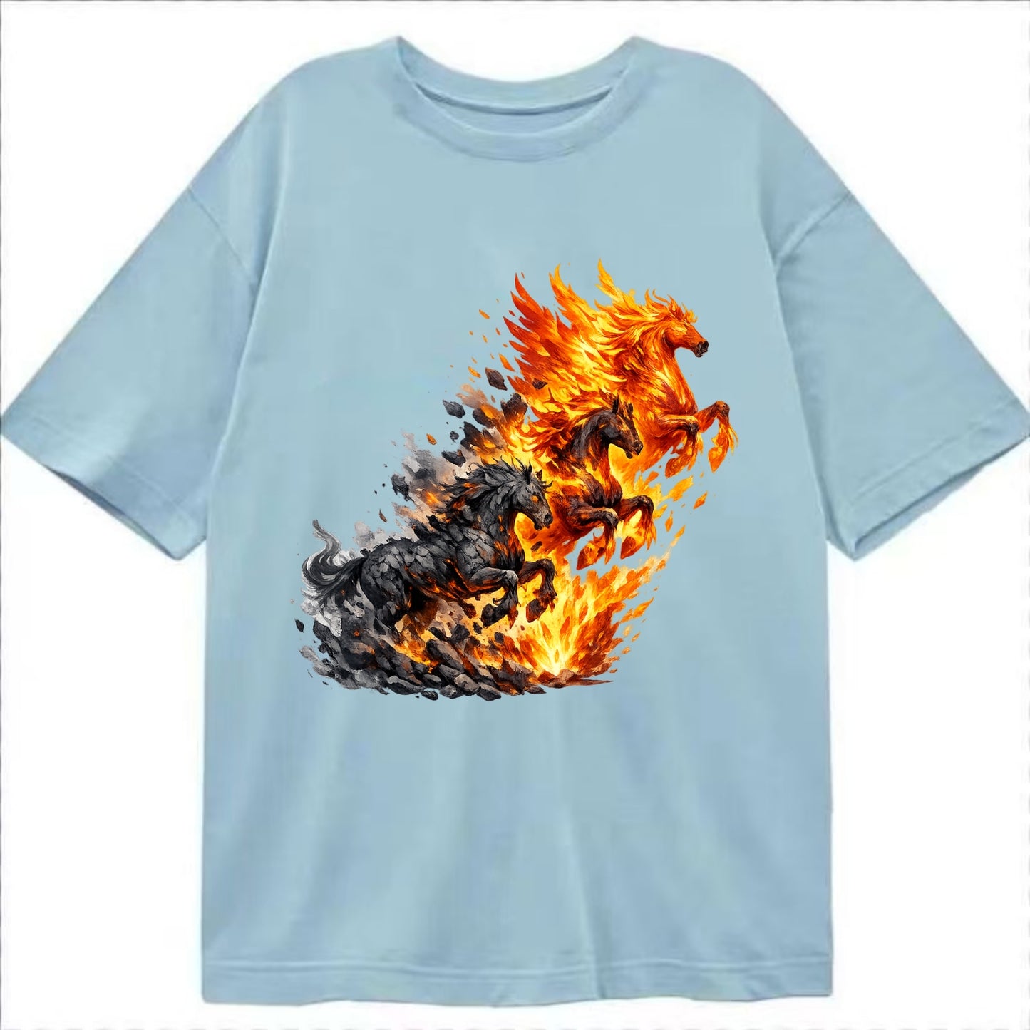 INFERNO STALLION | Horse made entirely of living flames | Blazing mane and tail | - Classic T-shirt - Light Blue