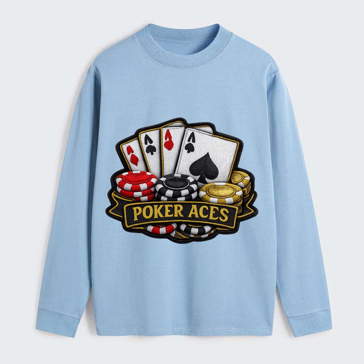 Embroidered patch design - POKER ACES - four aces with chips in red, - Classic Long Sleeve Shirt - Light Blue