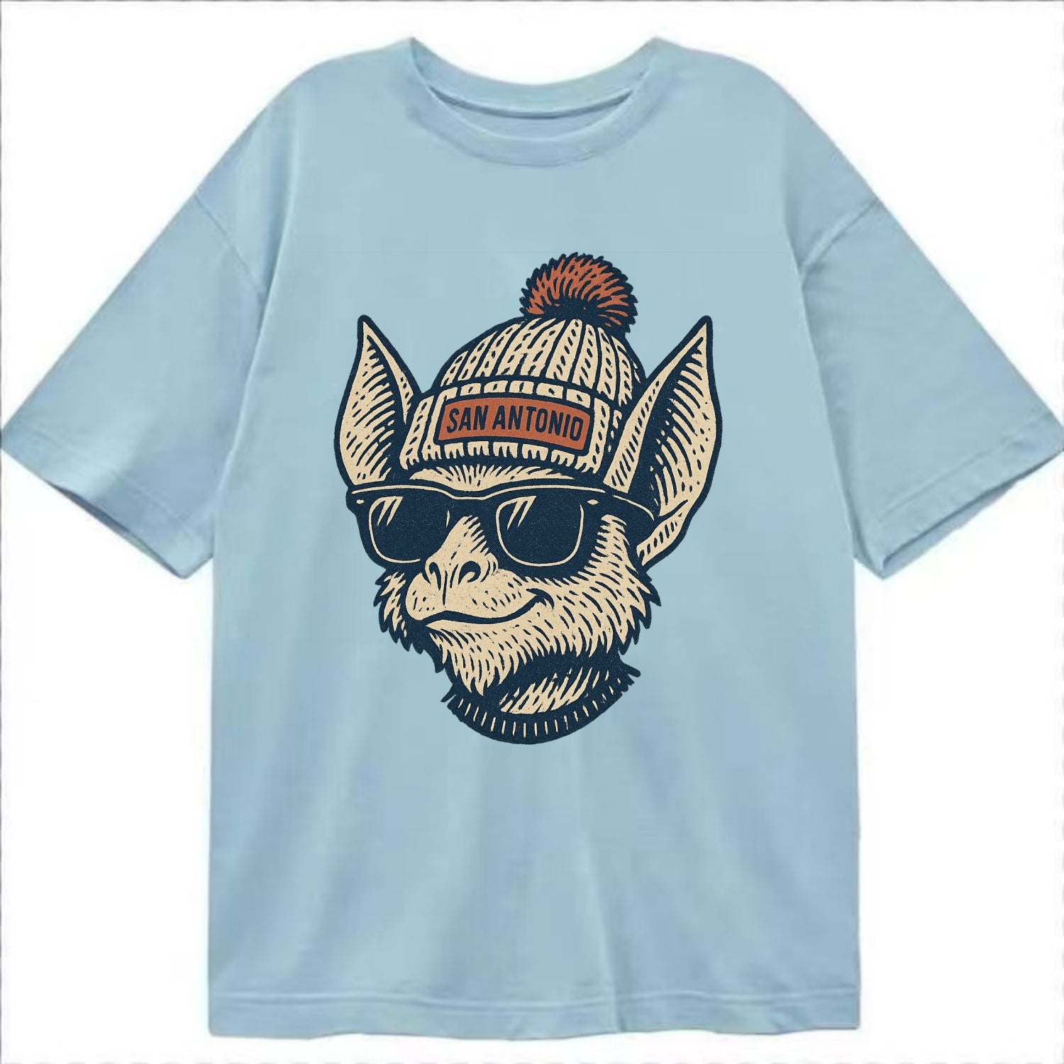 San Antonio Bat wearing San Antonio beanie with pom pom and wayfarer sunglasses - Classic T-shirt - Light Blue